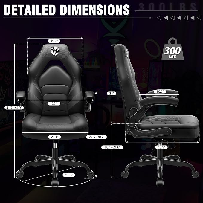 Gaming Chair, Leather High-Back Home Office Desk Chair with Flip-Up Arms, Ergonomic Padded Rolling Wheels Swivel Tilt Gamer Computer Chair with Comfy Lumbar Support, Height Adjustable, Black