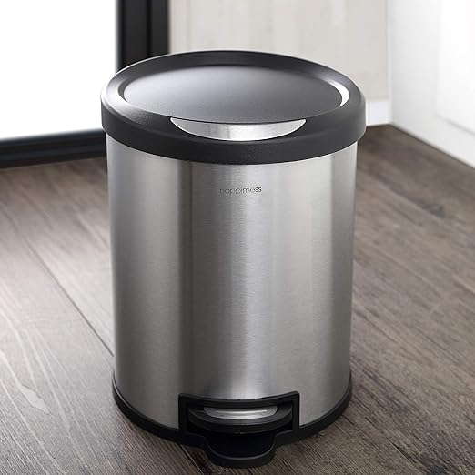 happimess HPM1001A Oscar Round 8-Gallon Step-Open Trash Can with Free Mini Trash Can, Modern, Fingerprint Proof for Home, Kitchen, Office, Large:7.9 Gallon Small:1.3 Gallon, Stainless Steel