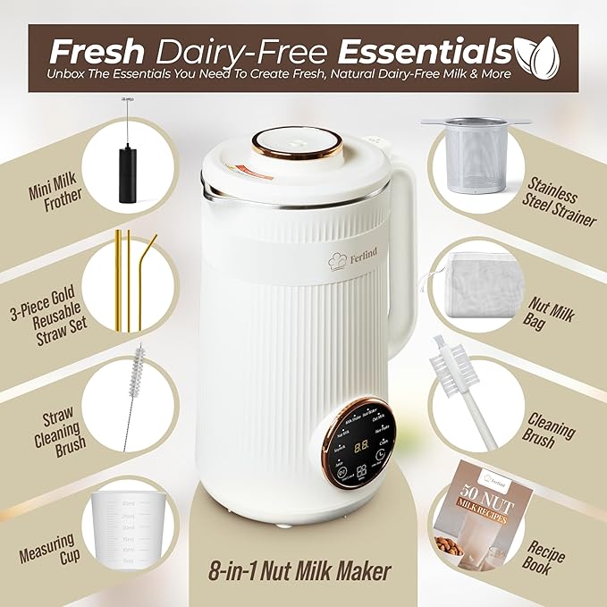 NEW 8-in-1 Nut Milk Maker for 32 oz Homemade Almond Milk, Oat Milk, Soy Milk, Coconut Dairy-Free Milk Beverages, Plant-Based Milk - Delay Start, Self-Cleaning, 50-recipe cookbook & Milk Frother