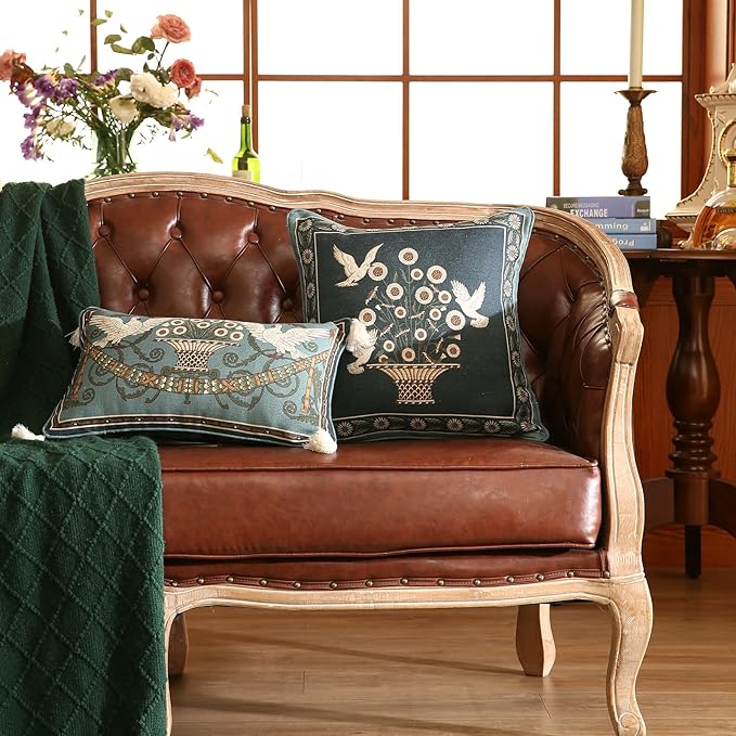 Green Throw Pillow Covers Set of 4,French Farmhouse with White Birds and Flowers Pattern Linen Pillowcases,Decorative Round Square Lumbar Pillows Cushion Covers for Couch Sofa Bed Chair