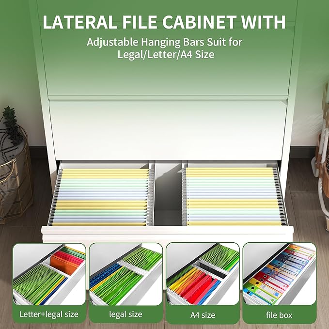 Lateral File Cabinet with Lock,5 Drawer Filing Cabinets for Home Office, Steel Wide Filing Organization Storage Cabinets for Hanging Files Letter/Legal/F4/A4 (White)