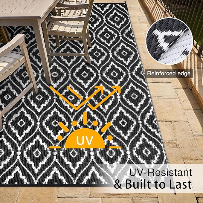OLANLY Outdoor Rug 9x12 ft Waterproof, Outdoor Plastic Straw Rug with Geometric Pattern Clearance, Reversible RV Mat for Patio, Camping, Balcony, Deck, Backyard, Black & White