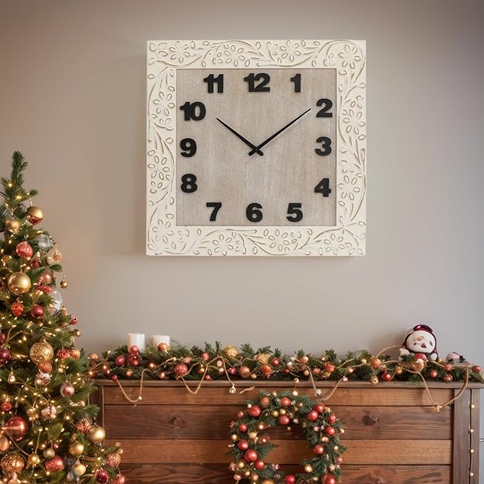 Large Wall Clock Square Living Room Decor Clocks, Numeral Wall Clocks with Battery Operated, Quartz Analog Movement Decorative Wall Clock for Office, Home, Kitchen, 24 Inch White
