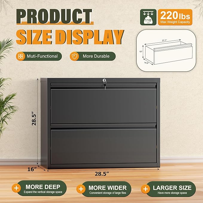 Greenvelly Lateral File Cabinet 2 Drawer, Lockable Metal Filing Cabinet for Home Office, Black Metal File Cabinet with Lock for Legal/Letter/A4/F4 Size with Hanging Bars&Key