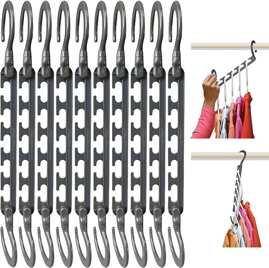 Wonder Hanger Max 10-Pack Space Saving Hangers, Reinforced Hooks Swivels 360°, Cascading Hanger, College Dorms & Storage Closet Organizer, Fully Assembled – Grey