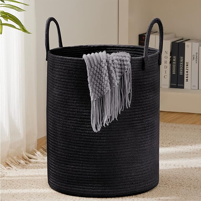 Woven Rope Laundry Hamper Basket, 58L Tall Laundry Basket, Baby Nursery Hamper for Blanket Storage in Bedroom-Large- Black