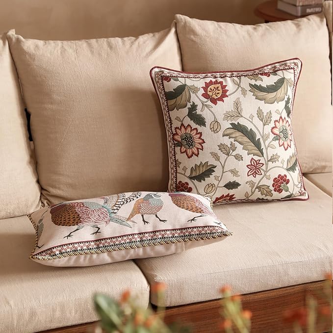 Design Square Pink Floral Linen Throw Pillow Covers 18"x18" Pack of 2, Vintage Country Flowers Pattern Cushion Covers Decor Pillowcases for Bed,Living Room,Outdoor,Car