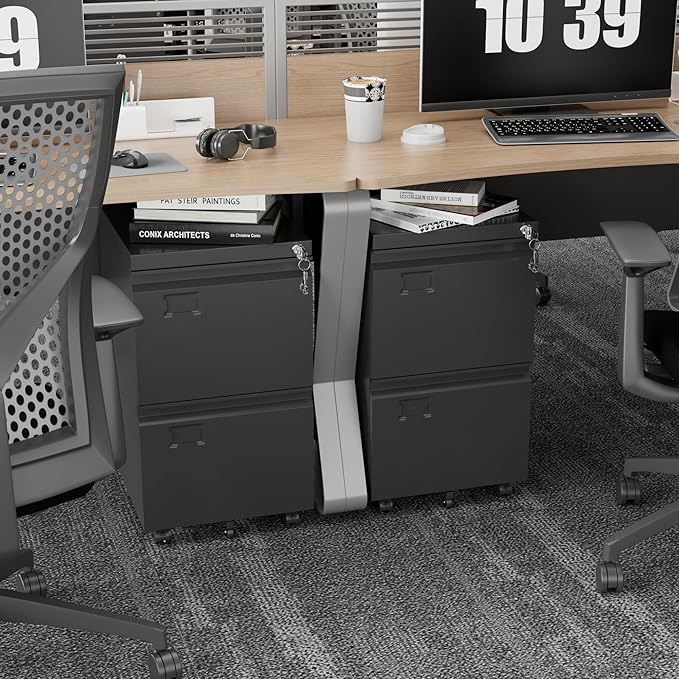 2 Drawer Mobile File Cabinet, Metal Under Desk Cabinet with Lock Name Card Holder for Office Home, Legal/Letter Size, W14.57”x D17.36”x H25.79”, Assembly Required