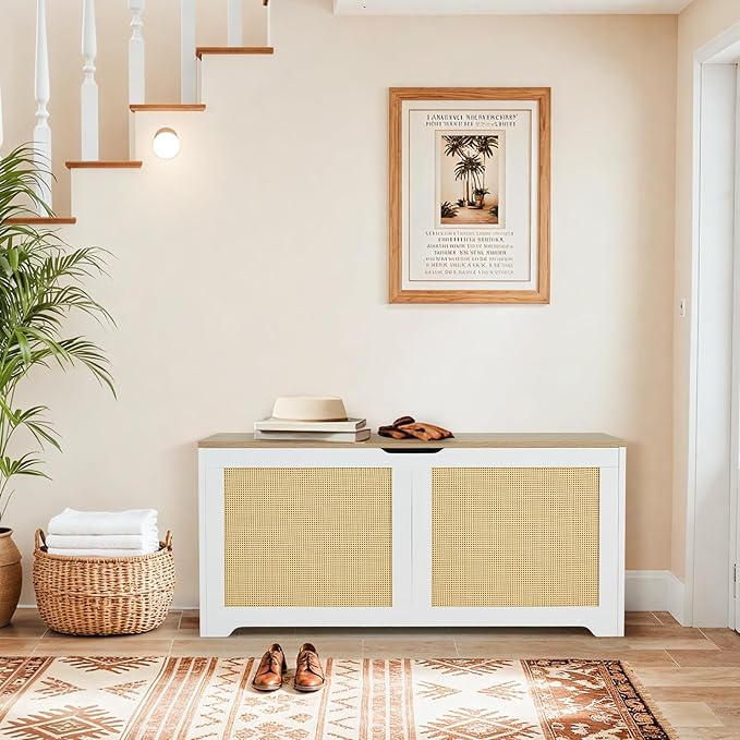 EROMMY Storage Chest, 39.4" Rattan Storage Bench with 2 Safety Hinges, Shoe Bench for Entryway, Bedroom, Living Room, Supports 300 lb