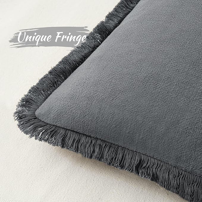 MIULEE Decorative Throw Pillow Covers Neutral Linen Fringe Throw Pillows Set of 2 Dark Grey Boho Farmhouse Cushion Covers with Tassels for Couch Sofa Bed Living Room Spring Home Decor 18x18 Inch