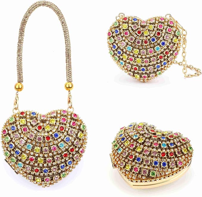 Ayliss Jewelry Trinket Box Heart Shaped Rhinestones Love Jewelry Gift Box Storage Organizer Ring/Earrings/Necklace Women Evening Clutch Rhinestone Purses (Gold)