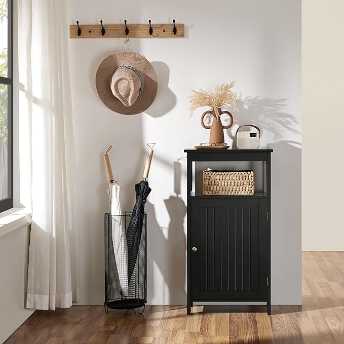 Yaheetech 4-Tier Bathroom Floor Storage Cabinet, Bathroom Free Standing Storage Organizer with Single Door and Adjustable Shelf, Narrow Side Cabinet for Living Room, Kitchen, Hallway, Black