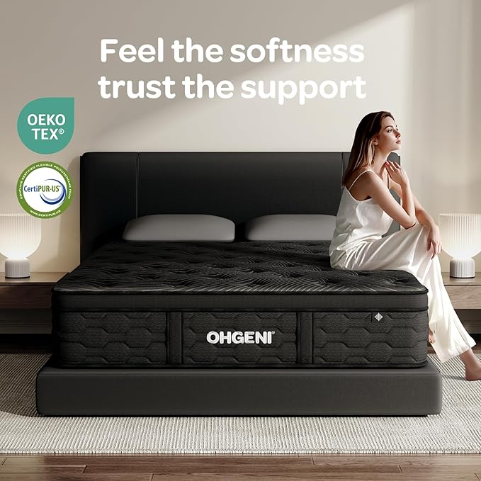 OhGeni 10 Inch Cooling Queen Size Mattress, Hybrid Gel-Infused Memory Foam Bed Mattresses in a Box, Medium Feel Cool Top Fabric, Home Gift for Mom, 3-Zone Design & Reinforced Edge Support, Black