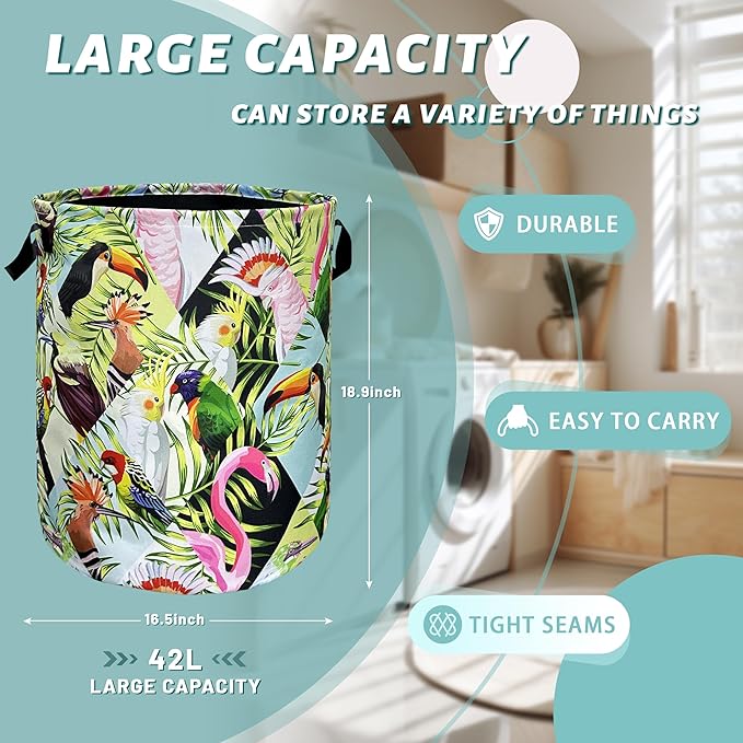 Funny Tropical Birds Laundry Basket Foldable With Handles Tote Bag Oxford Cloth Palm Leaves Laundry Hamper 18.9" x1 6.5" Clothes Storage Bucket Toy Organizer For Bathroom/Laundry/Bedroom