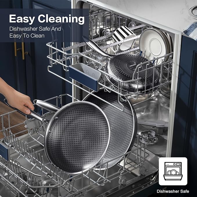 Non Stick Frying Pan Set, 8, 10 and 12-Inch Hybrid Non Toxic Fry Skillet with Lids, Dishwasher and Oven Safe, Induction Ready, Silver Kitchen Cookware set (7-Piece Pan Set)