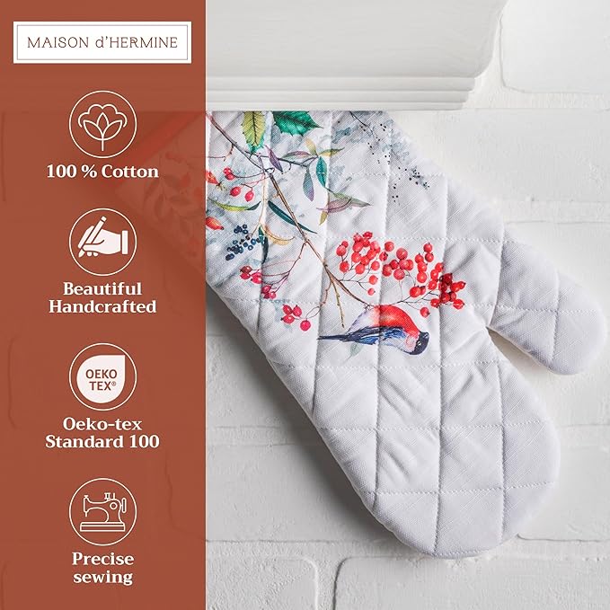 Maison d' Hermine Oven Gloves 100% Cotton Oven Mitt 7" x 13" with Loop Heat Resistant BBQ Cooking Gloves for Thanksgiving Christmas Decorations Baking Handling Hot Pans (Pack of 1, Morzine)