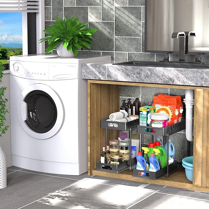 Under Sink Organizers and Storage, 2 Pack Large Capacity Heavy Load Double Pull-out Under Sink Shelves with Sliding Drawer for Kitchen and Bathroom, Black