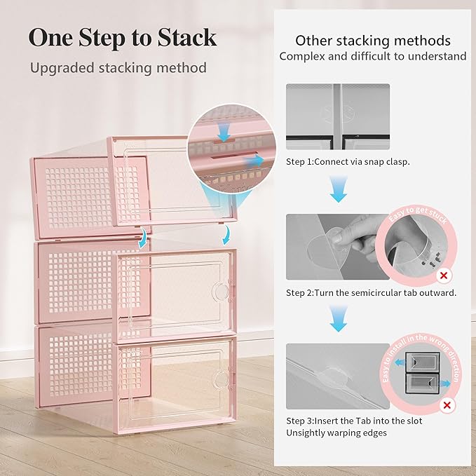 Kuject X-Large Shoe Storage Boxes Organizers Clear Plastic Stackable 12 Pack, Shoe Rack & Holder Substitute, Sneaker Containers, Toy Storage Organizer Bins for Entryway, Closet, Under Bed, Pink