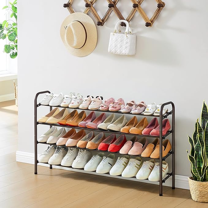 4 Tier Shoe Rack for Closet,Shoe Organizer, 28“ Metal Shelf Can Expandable to 42“, for Bedroom, Entryway, Living Room, Garage, Adjustable to 24 Pairs Shoes, Rustic Brown