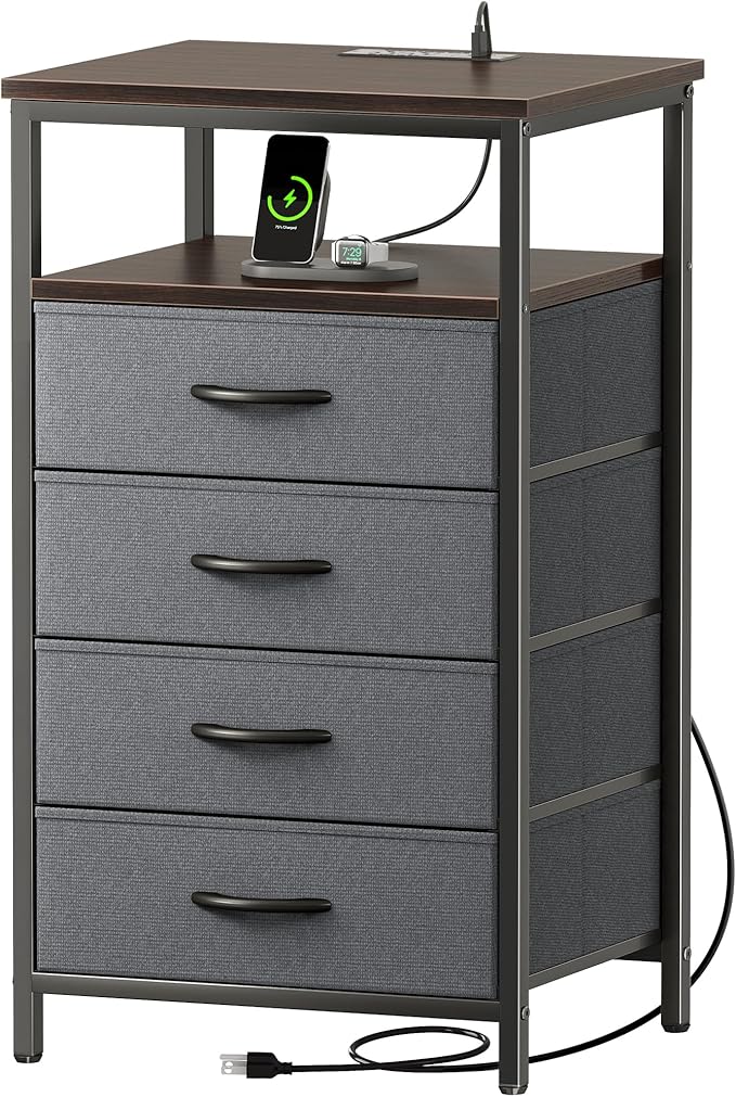 Huuger Night Stand with Charging Station, 4 Drawer Dresser for Bedroom, Bedside Table, 33.9 Inch Tall Nightstand with Open Shelf, End Table, for Closet, Entryway, Bedroom, Walnut