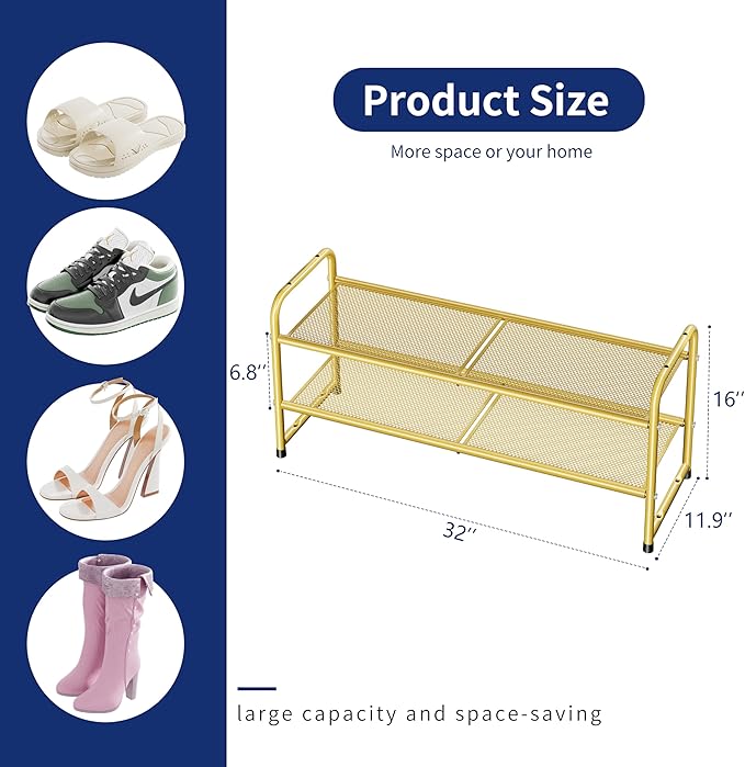 SUFAUY Shoe Rack for Closet, 33" Wide Metal Shoe Rack Organizer Heavy Duty, 2-Tier Mesh for Shoes, Gold