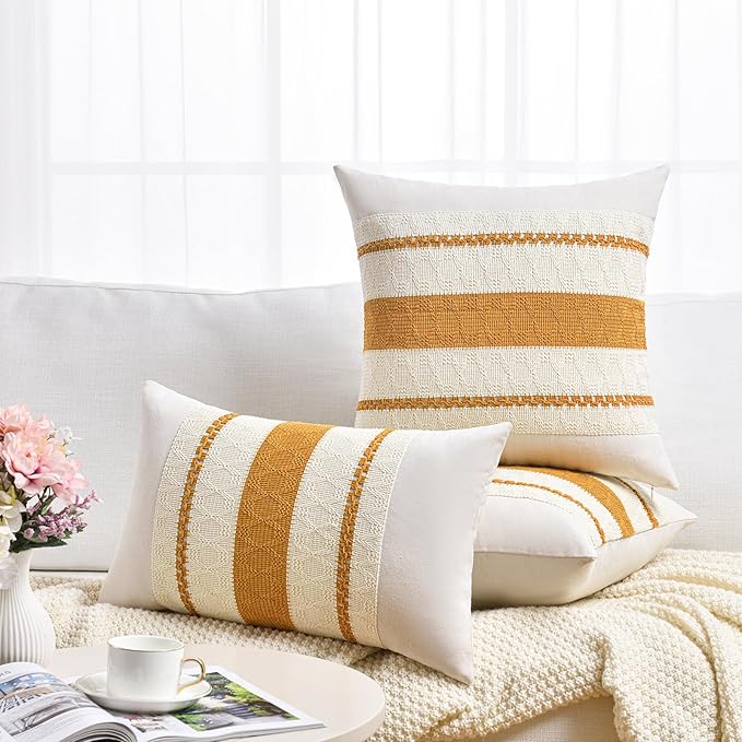 Fancy Homi Set of 2 Mustard Yellow Fall Decorative Throw Pillow Cover 20x20 Inch for Couch Bed Sofa, Autumn Halloween Thanksgiving Home Decor, Soft Cotton Aesthetic Cushion Case