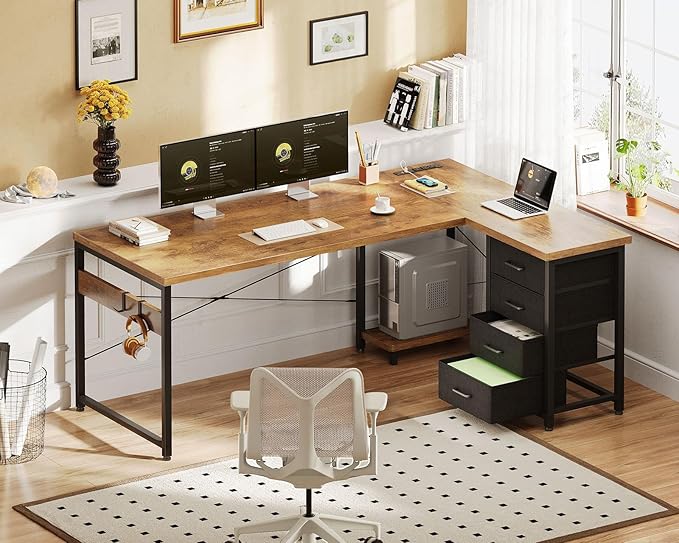 ODK 61'' L Shaped Desk with 4 Drawers, Reversible Corner Desk with Storage, Gaming Table with Power Outlets, USB Ports, Computer Desk for Home Office, Study, Easy Assembly, Vintage Brown