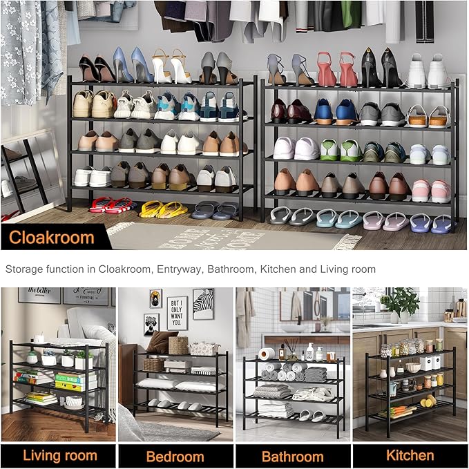 Long Shoe Rack, 4-Tier Bamboo Stackable Shoe Shelf Storage Organizer, Shoe Stand for Closet, Entryway and Hallway(Black)