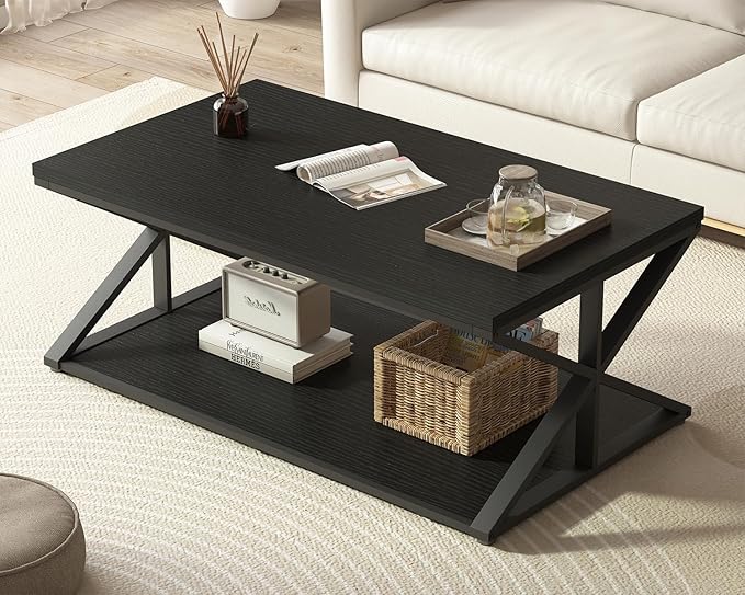 Launica Modern Coffee Table with Storage, Farmhouse Living Room Table, Minimalist Rectangle Center Table, Industrial Vintage Wood Tea Table, 39 Inch, Black Oak