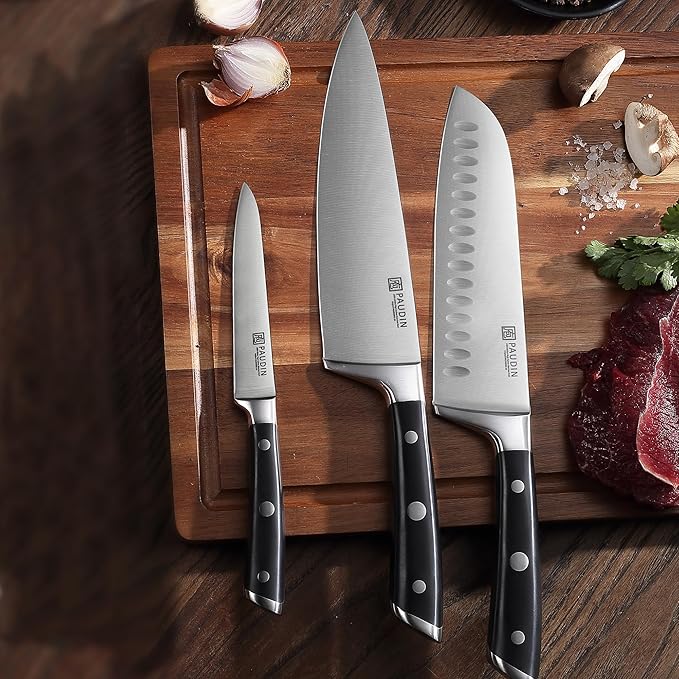 PAUDIN Kitchen Knives Set, Switzer 3-Piece Chefs Knife Set High Carbon Stainless Steel with Ultra Sharp Blade & Plastic Handle Professional Chef Knives
