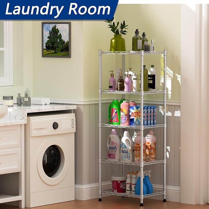 REGILLER 5-Wire Shelving Metal Storage Rack Adjustable Shelves,Standing Storage Shelf Units for Laundry Bathroom Kitchen Pantry Closet(Silver,11.8" D x 16.6" W x 53.5" H)