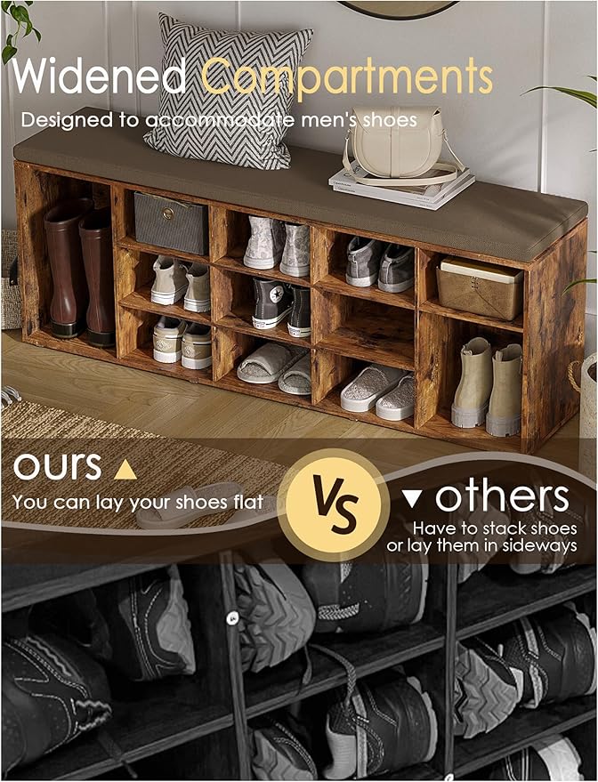 DINZI LVJ Shoe Storage Bench with Cushion, 13-Cubby Shoe Rack, Adjustable Shelves, Multifunctional Shoe Organizer Bench for Entryway, Mudroom, Hallway, Living Room, Bedroom and Garage, Rustic Brown