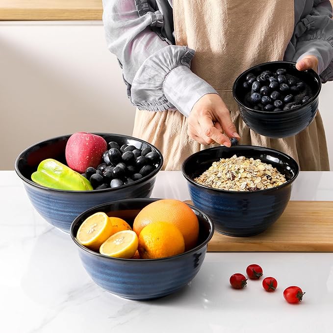Hasense Mixing Bowls for Cooking, Baking, Ceramic Serving Dishes Set of 4 for Salad, Fruits, Popcorn, Versatile Nesting Bowls for Housewarming Gift, 2.1/1.5/1.0/0.5 Qt, Dishwasher & Microwave Safe