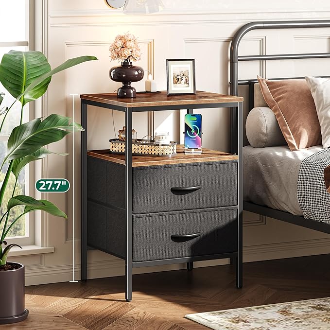 Huuger Night Stand with Charger Station, 27.7 Inch Tall Nightstand, Bed Side Table with 2 Fabric Drawers, Fabric Drawer Dresser for Bedroom, Living Room, Rustic Brown and Black