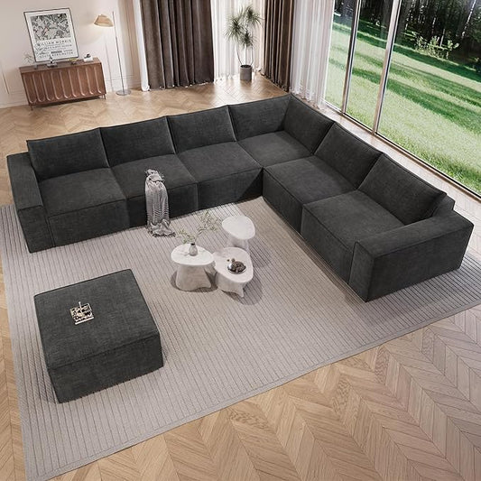 Vesgantti 143.7" Oversized Boneless Sectional Couch, Modern 6 Seater Modular Sofa with Ottoman & Deep Seat, Convertible Chenille Cloud Couches for Living Room, No Assembly Required, Dark Grey