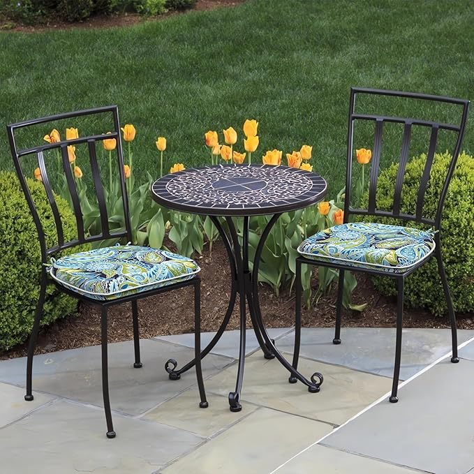 Set of 2 Outdoor Chair Cushions with Ties,Water Repellent Patio Chair Pads 17"x 16" for Outdoor Furniture,Round Corner Seat Cushions for Garden Yard Kitchen Paisley Lapis Green