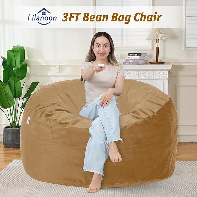 3FT Bean Bag Chair with Ultra Soft Velvet Cover Bean Bag Sofa with Memory Foam Bean Bag Chairs with Large Size Lazy Sofa for Dorm Office Living Room Bedroom Camel 3'