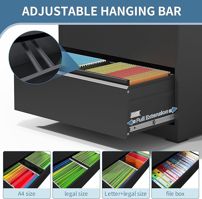 AQY3 Drawer File Cabinet with Lock,Metal Lateral File Cabinets for Home Office,Steel Wide Filing Organization Storage Cabinets for Hanging Files Letter/Legal/F4/A4 Size Assembly Required(Black)