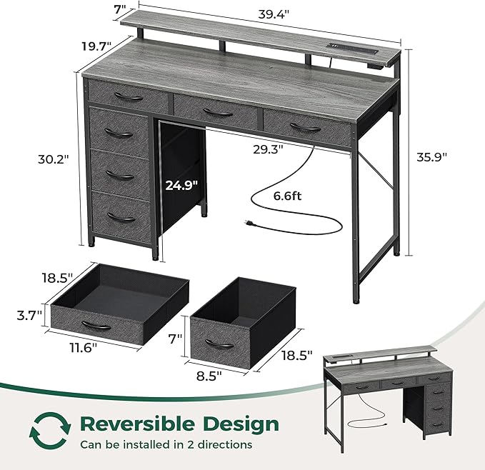 Huuger Gaming Desk with 6 Drawers, Computer Desk with LED Lights Power Outlets and Type-C, 39 Inch Office Desk with Storage, Monitor Stand, Writing Desk Work Desk for Home Office, Bedroom, Study, Grey