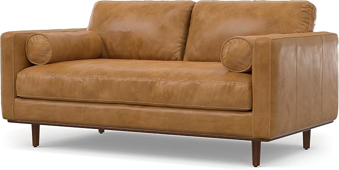 SIMPLIHOME Morrison 72-inch Wide Sofa in Sienna Top Grain Genuine Leather, Mid-Century Modern-Style Loveseat for Living Room, Single Bench Cushion, Removable Back Cushions, 2 Bolster Pillows