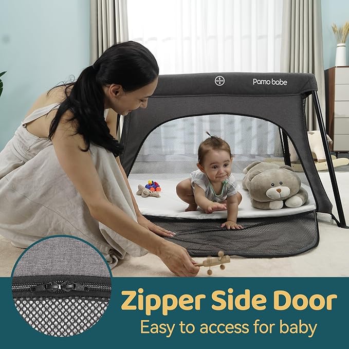Pamo Babe Travel Crib Lightweight Baby Playard with Mattress Compact Play Yard with Detachable Legs
