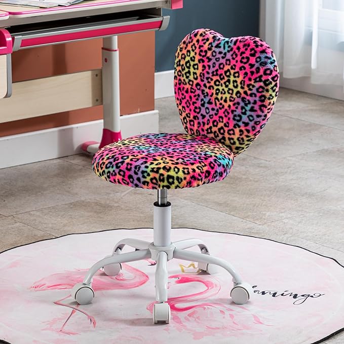 Kmax Kids Reading Chair, Rolling Cute Desk Chair for Girls Swivel Office Chair with Wheels & Heart Back Adjustable Childrens Vanity Chair for Bedroom Reading Room - Faux Fur, Leopard