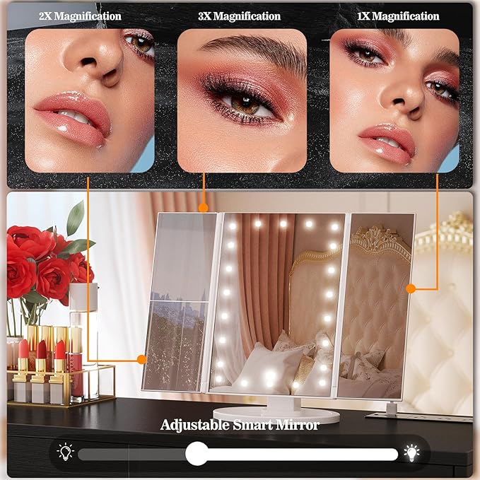 Cyclysio Vanity Desk with Mirror and Lights, 36'' Makeup Vanity Desk with Power Outlet, Small Vanities Set Dressing Table with Drawers for Bedroom, Black