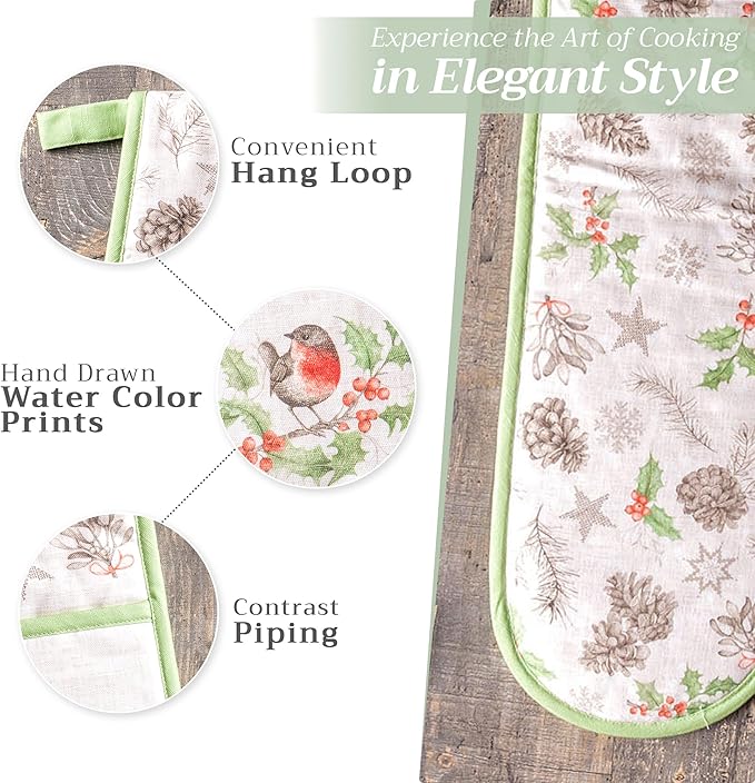 Maison d' Hermine Double Oven Mitt (7" x 35") 100% Cotton Heat Resistant BBQ Cooking Gloves with Loop for Thanksgiving Christmas Decorations Baking Cooking Barbeque Handling Hot Pan (Christmas Dew)