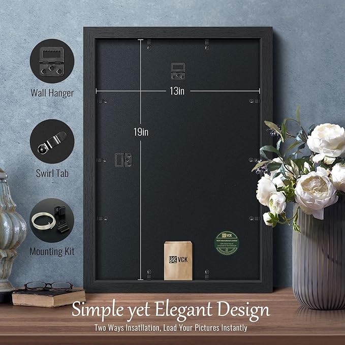 VCK 13x19 Picture Frame Set of 4 - Black, Gallery-Quality Wood Poster Frames, 1.1-Inch Wide Border, Polished Plexiglass, Vertical or Horizontal Wall Display for Photo/Art/Prints, Black