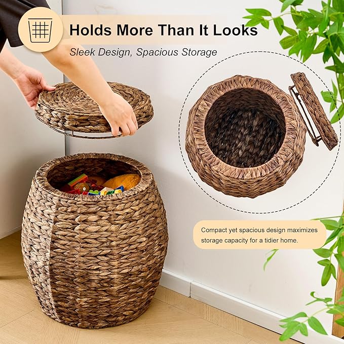 Round Wicker Basket with Lid, Handwoven Hyacinth Storage Basket, Blanket Organizer Basket for Laundry, Bathroom, Bedroom, Living Room, Office
