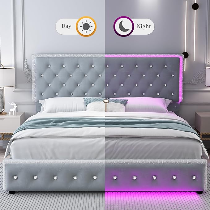 Full Led Bed Frame with 2 Drawers, Upholstered Platform Storage Bed Frames Full Size with Crystal Button Tufted Headboard Footboard, Solid Slats, Noise Free, No Box Spring Needed, Velvet Grey