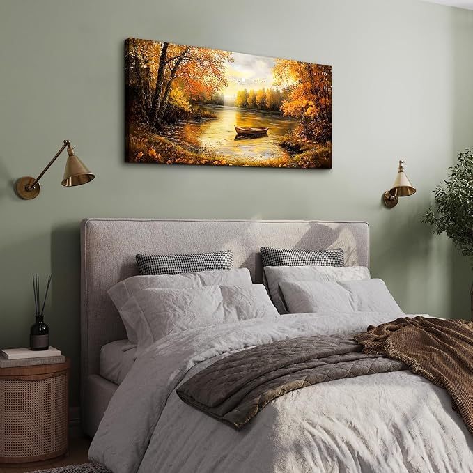 SERIMINO Fall Landscape Large Canvas Wall Art Living Room, Lake Boat Forest Art Prints, Autumn Scenery Nature Decor Pictures, Rustic Gold Paintings Wall Decor Bedroom, Office Decoration 20"X40"