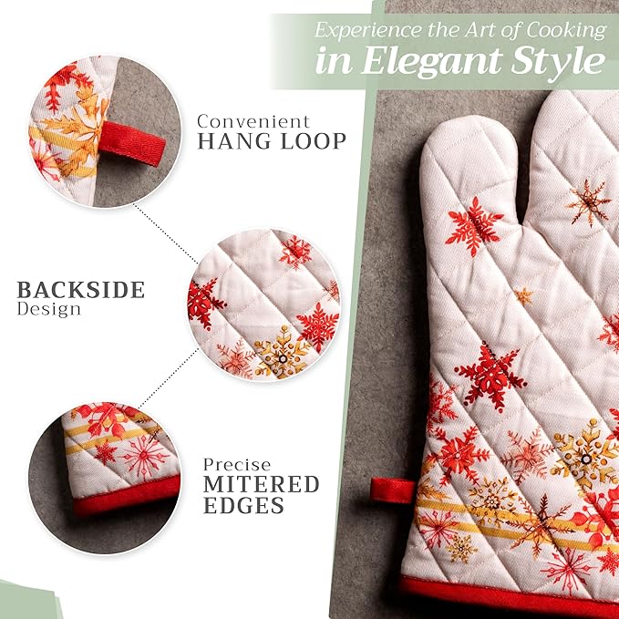 Maison d' Hermine 100% Cotton Oven Mitt & Pot Holder Set (7.5"x13" & 8"x8") Heat Resistant BBQ Cooking Gloves with Loop for Thanksgiving Christmas Decorations Handling Hot Pans (Crystal Star)