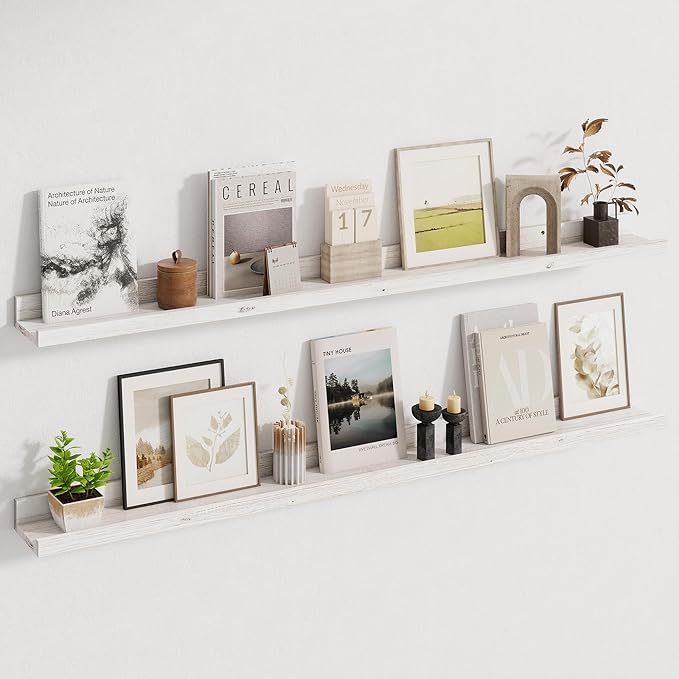 Picture Ledge Shelf, 48 Inch Long Floating Shelves for Wall, Nursery Bookshelf for Storage with Lip, Rustic Elm Wood Photo Ledge Shelves for Bedroom, Living Room, Kitchen (White, 48in Set of 2)